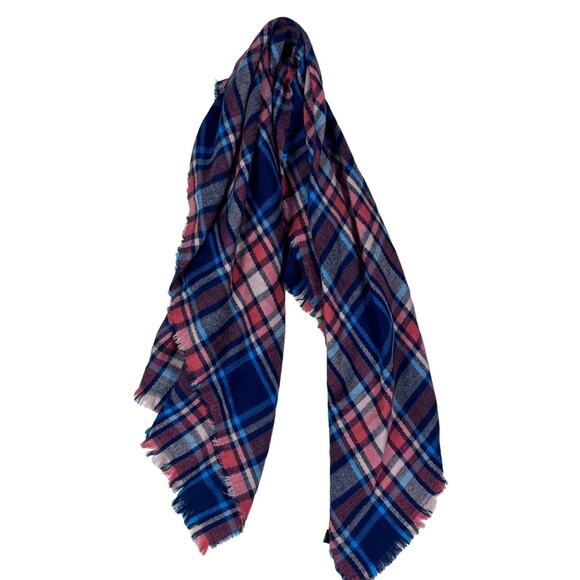 Live & Ique Blanket Plaid Scarf with A Bit of Fringe 35" x 70" Blue Orange - Picture 1 of 7
